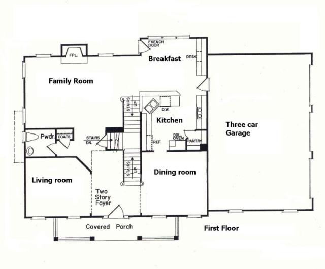 Blaylock Main Level Model Floorplans. Differences: garage is two car front load w/ lots of workspace where third car would have 