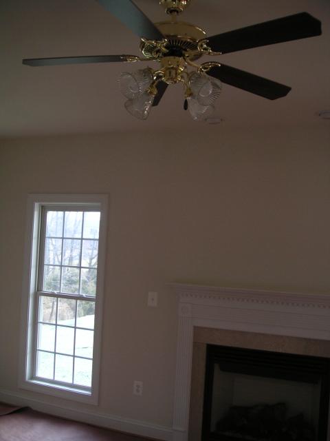 Family room window, fan, and fireplace